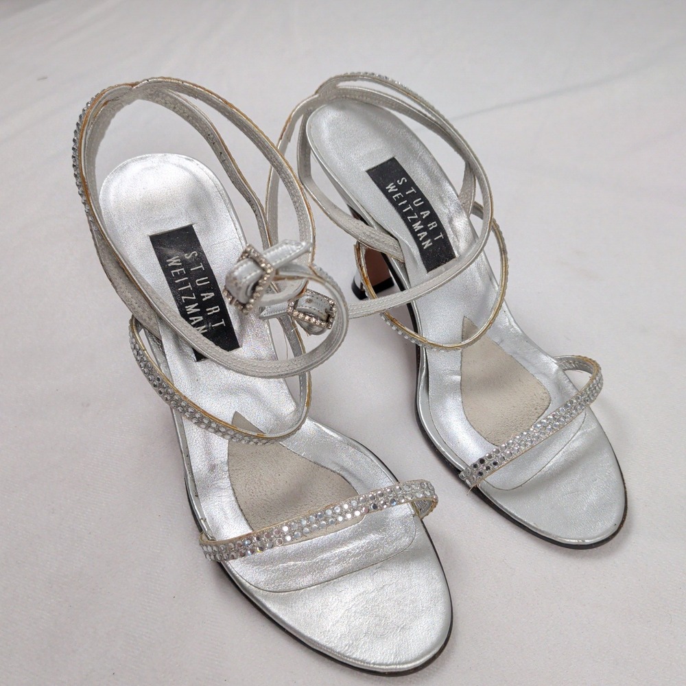 Stuart Weitzman Million Dollar Silver Metallic Rhinestone Strappy Sandals Glam